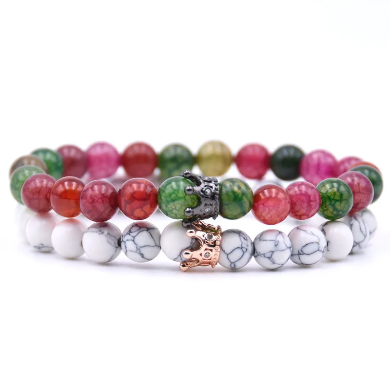 

2PCS Mix 8MM Natural Stone Princess Crown Alloy Black/Gold Color Beaded Bracelets & Bangle For Men YIN YANG Personality Giifts