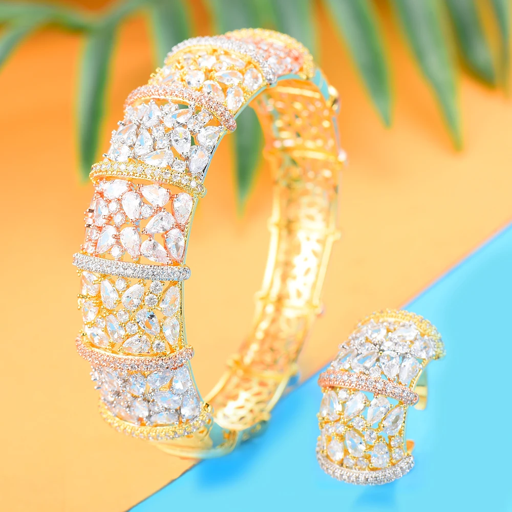 

Trendy AAA Cubic Zirconia Ring Bangle Jewelry Sets Openning Design Fashion Women Bridal Wedding Engagement Jewelry Set