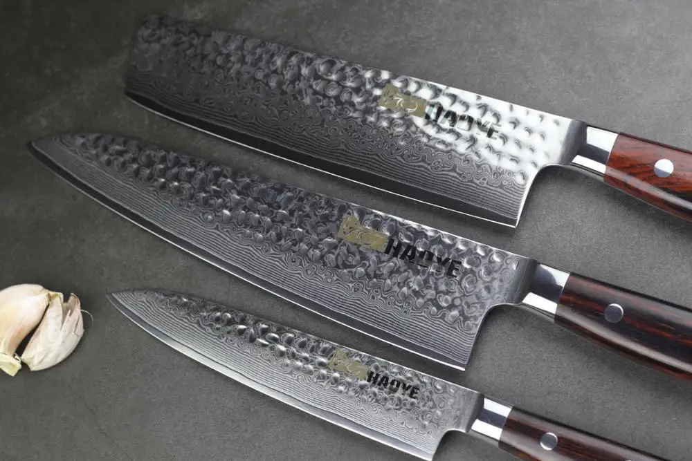 3 шт. японский шеф-повара Nakiri Gyuto Набор ножей для стейка Дамасские кухонные ножи с ручкой Dalbergia Полный Тан приготовления столовых приборов Новинка