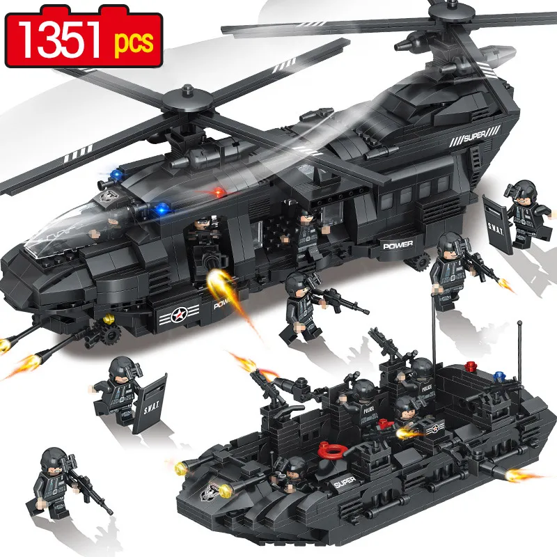 

1351Pcs Swat Team Model Building Blocks Compatible legoINGLY City Police Chinook Transport Helicopter Corps Figures SWAT Toys