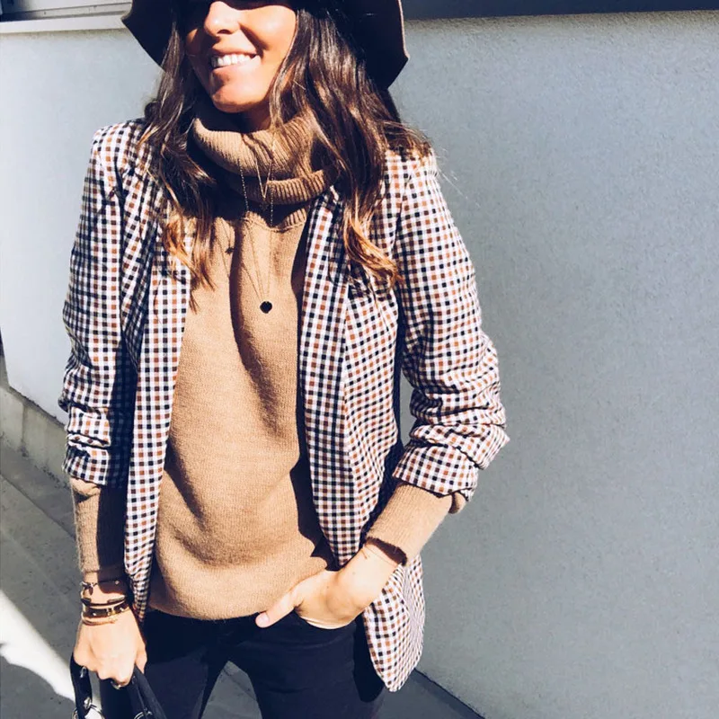 

2018 Autumn Winter Women Outerwear Casual Plaid Jacket Coats Turn down Collar Single Breasted Open Women Cardigans Outwear femme
