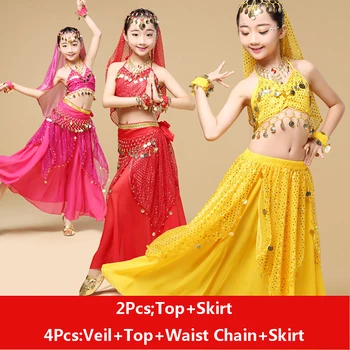 

2018 Girl Kids Children Belly Dance Costumes 2Pcs 4Pcs(Veil+Top+Waist Chain+Skirt) Sequins Costume Indian Dance Indian Clothes