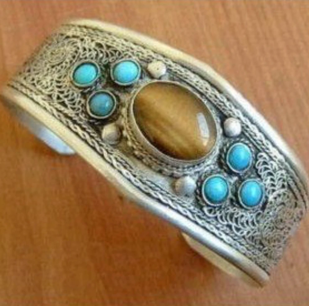 

hot sell new - Handcrafted Ethnic Carve Flower Tribal Brown stone Tiger's e Unisex Tibet Silver Bangle CUFF Bracelet