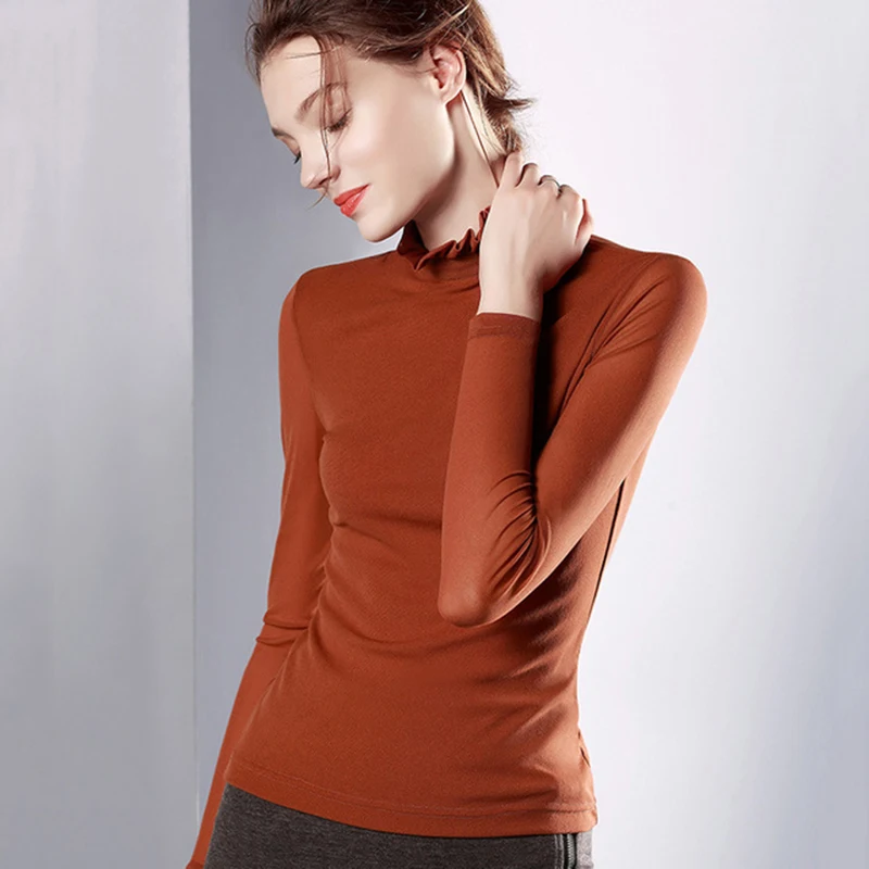 womens top gauze long sleeve Turleneck tshirt all match tee Gauze