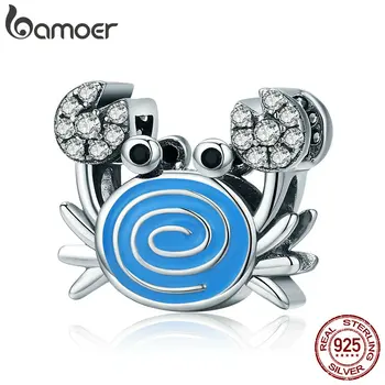 

BAMOER Real 925 Sterling Silver Funny Crab Clear CZ Blue Enamel Charm Beads fit Women Bracelets & Necklaces DIY Jewelry SCC682