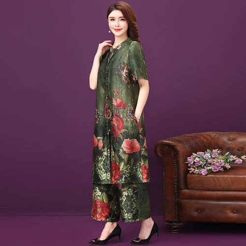 

2019 Spring Summer Silk Women Dress New Style Loose Literatute Art Printed Elegant Female Wide Legged Trousers Two Piece Dresses