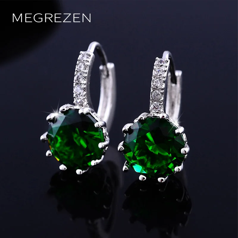 

MEGREZEN Cute Silver Earrings With Green Stones Orecchini Donna Crystal Earrings For Girls Boucle D'Oreille En Cristal Ye024-5