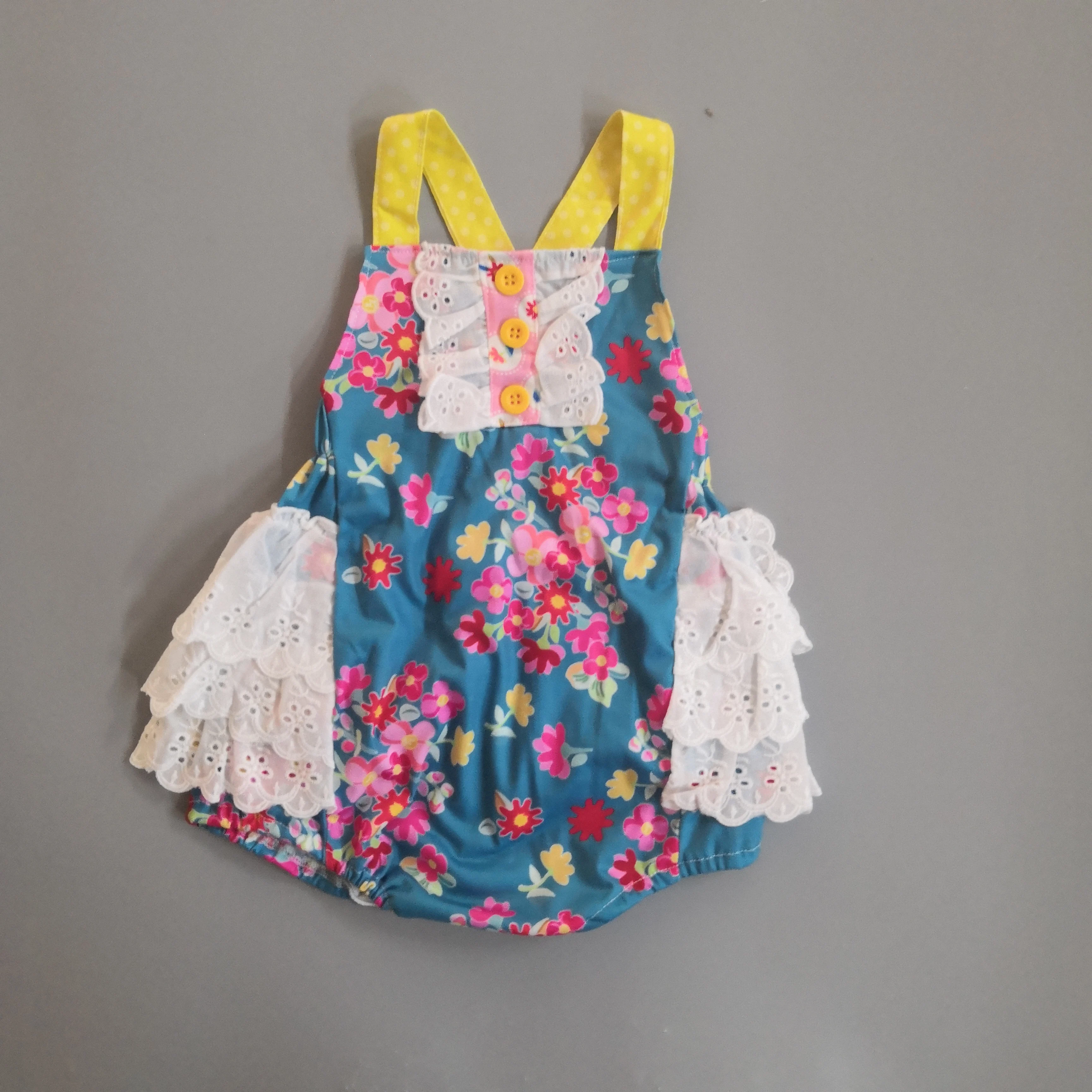 

Baby Summer Romper Easter Romper CONICE NINI Bubble Floral Embroidery Blue Woven Fabric Newborn Boutique Baby Girls Romper