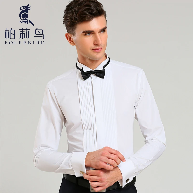 2017 Hommes de Blanc Aile Collier 1/4 "pli Chemise de Smoking Avec Français Et Noeud