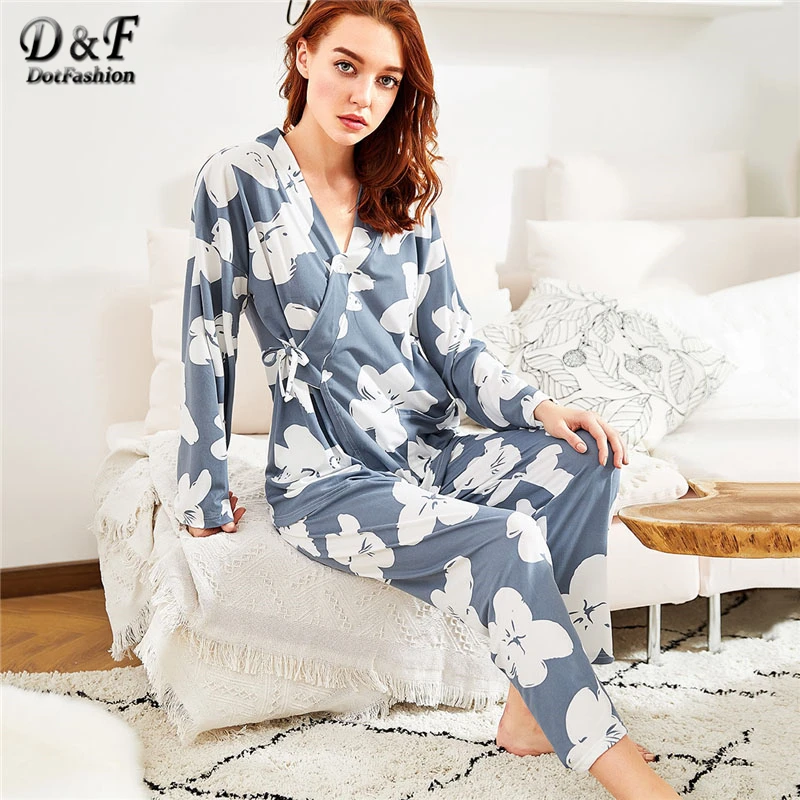 

Dotfashion Florals Wrap Top and Pants Pajama Set Multicolor V Neck Women Suits 2019 New Spring Long Sleeve Casual Pajama Set