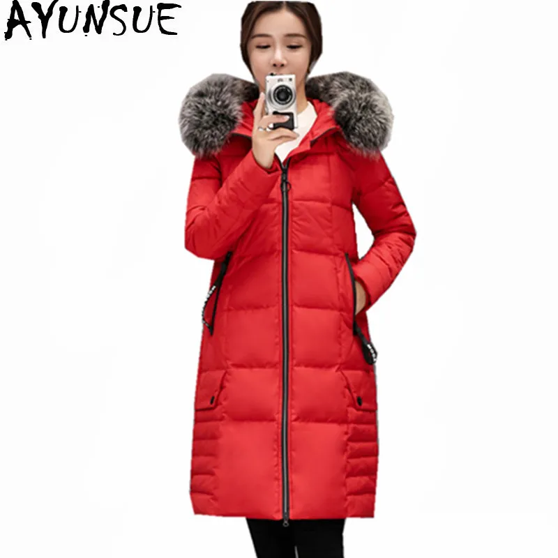 AYUNSUE Real Fox Bontkraag Winterjas Vrouwen Dikke Jas Vrouwelijke witte Eend Donsjacks Lange Parka Maxi Size 5XL Abrigo WXF453