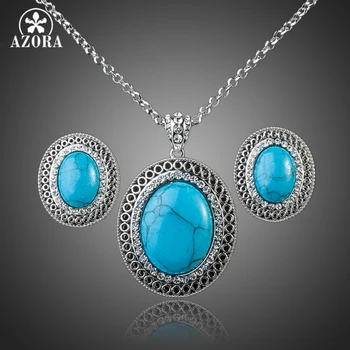 

AZORA Rare Ocean Blue Ellipse Pendant White Gold Color Necklace and Stud Earring Jewelry Set TG0025