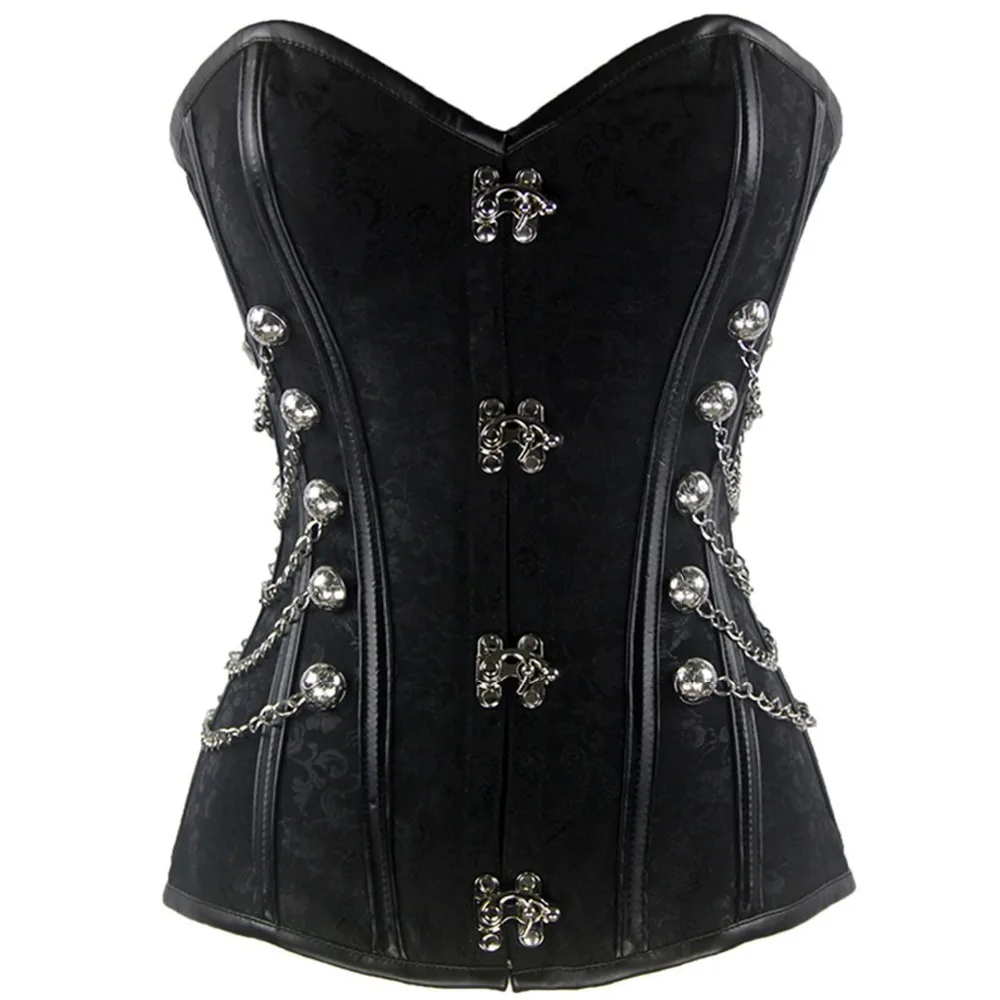 

New 6XL to S Plus Size Corset Bustier Unique Black Steampunk Overbust Corset Both Side with Silver Chain Gothic Lace-Up Corset