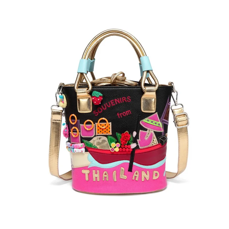 

Women Bucket Cartoon Creativity Embroidery Summer Bag Queen Elegant Handbags Ladies Cute bags Shopper Crossbody Messenger 2019
