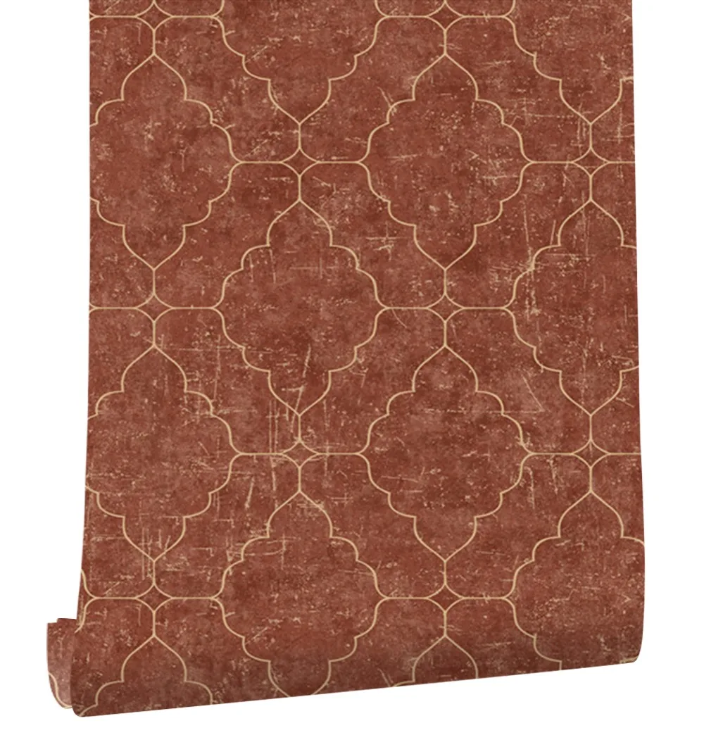 

HaokHome Vintage Graphic Trellis Non-woven Wallpaper Red/Gold Contact Paper living room Bedroom Kitchen Home Wall Decoration