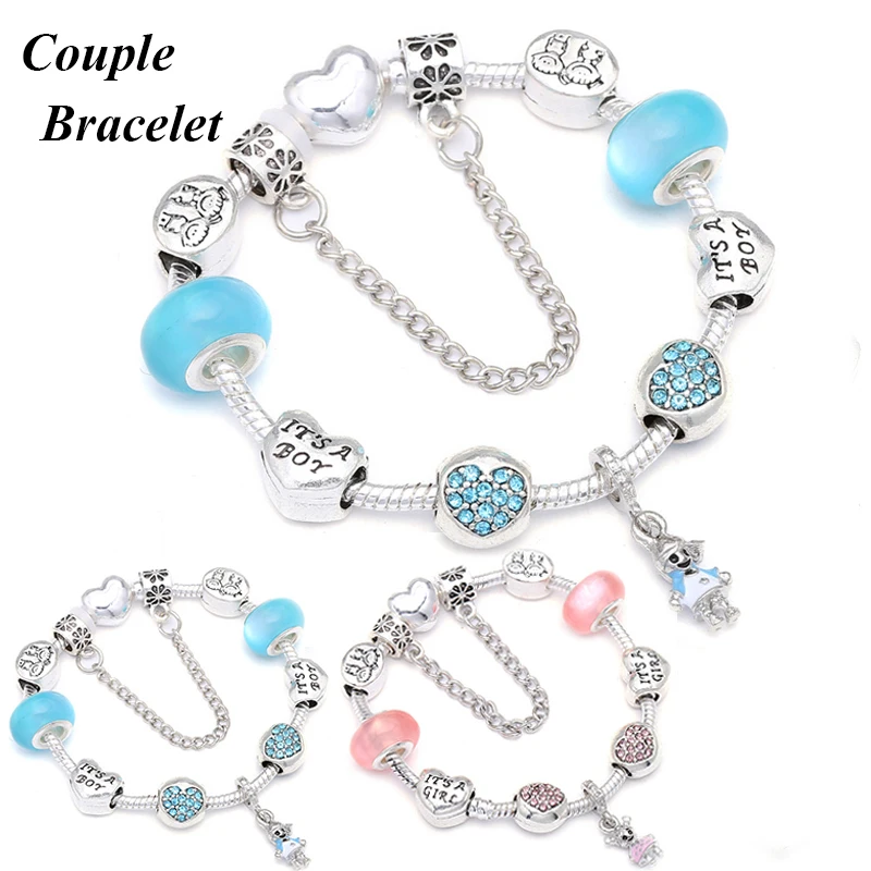 

Authentic Silver Color Charm Bracelets with Romantic Boy & Girl Beads Brand Bracelets & Bangle for Couple Valentine's Day Gift