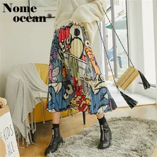 Весна новое поступление плиссированные юбки Европейский мультфильм шаблон женская юбка высокая эластичность Elasticity длина до середины икры юбка M19022409