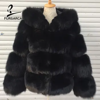 

FURSARCAR Winter Warm Fox Fur Coat Women Striped Black Real Fur Jacket With Hood Genuine Fox Fur Overcoat For Female 2019