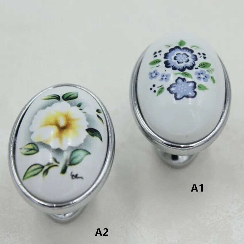 40mm Silver Kitchen Knobs Blue Flower Ceramic Drawer Pulls