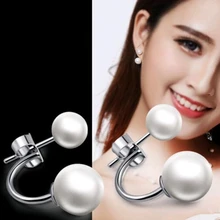 Женские двойные Имитация жемчужной бусины Серьги гвоздики модные серебряные ювелирные изделия серповидные серьги принцесса темперамент ювелирные изделия