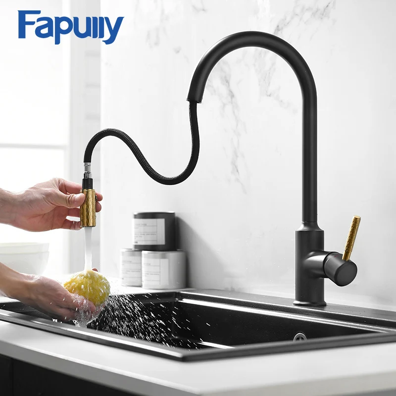 Латунный кран Fapully для кухни матовый черный и золотой с двойным выходом раковины