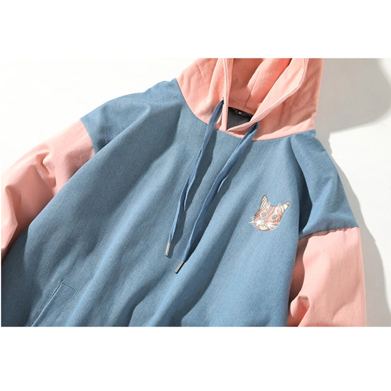 Aolamegs Hoodies Men Patchwork Cat Print Hooded Pullover High Street Fashion Cotton Hip Hop Streetwear O-neck Hoodie Autumn