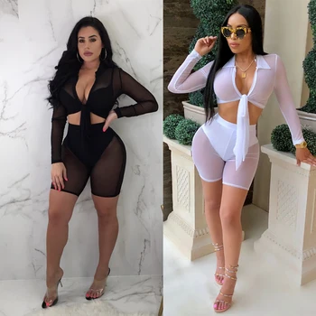 

New Women Long Sleeve See-Through Mesh Fishnet Crop Top T-Shirt and Shorts Set