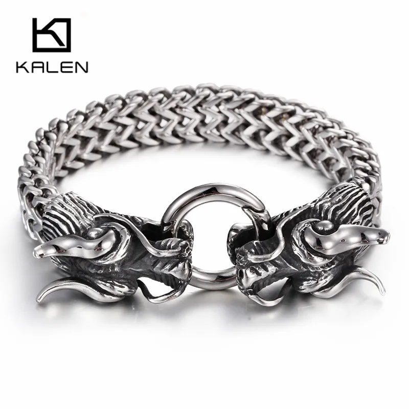 KALEN, китайские браслеты с подвесками в виде головы дракона для мужчин, 316, нержавеющая сталь, Полированное Серебро, Двойная Цепочка, браслет, ювелирное изделие - Окраска металла: Silver