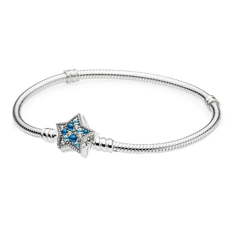 

100% 925 Sterling Silver Bead Charm Snake Chain Fit Original Pandora Bracelet with Bright Blue Star Clasp for Women DIY Jewelry