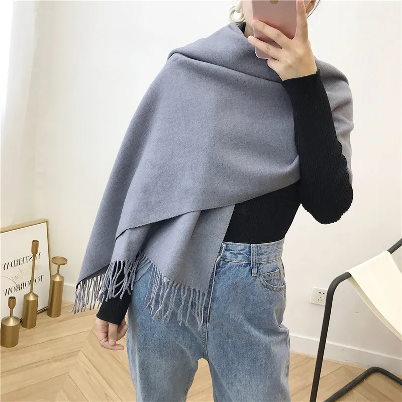 Female new 10 colors tassel scarf monochrome double-sided warm shawl imitation cashmere bib