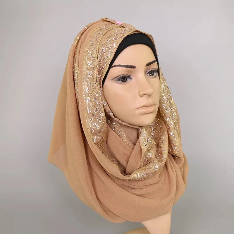 Одноцветное Цвет шифон хиджаб с кристально Shimmer Стразы шарф Обертывания мусульманские Шарфы для женщин Быстрая - Цвет: color 5