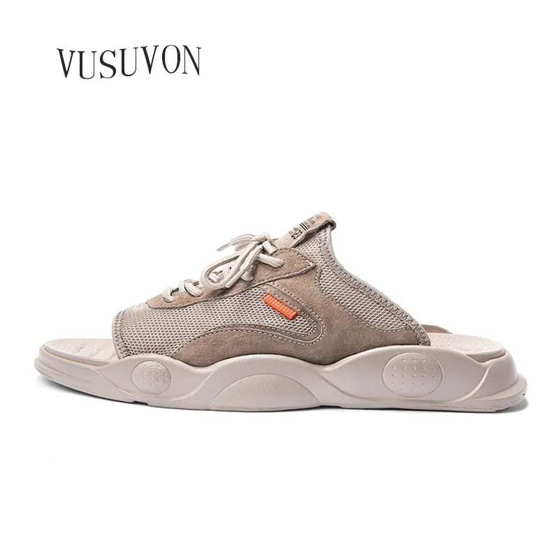 

Hot Sandals Men Summer Slippers 2019 Fashion Peep Toe Flip Flops Shoes Male Outdoor Non-slip Flat Cow Leather Mesh Beach Slides