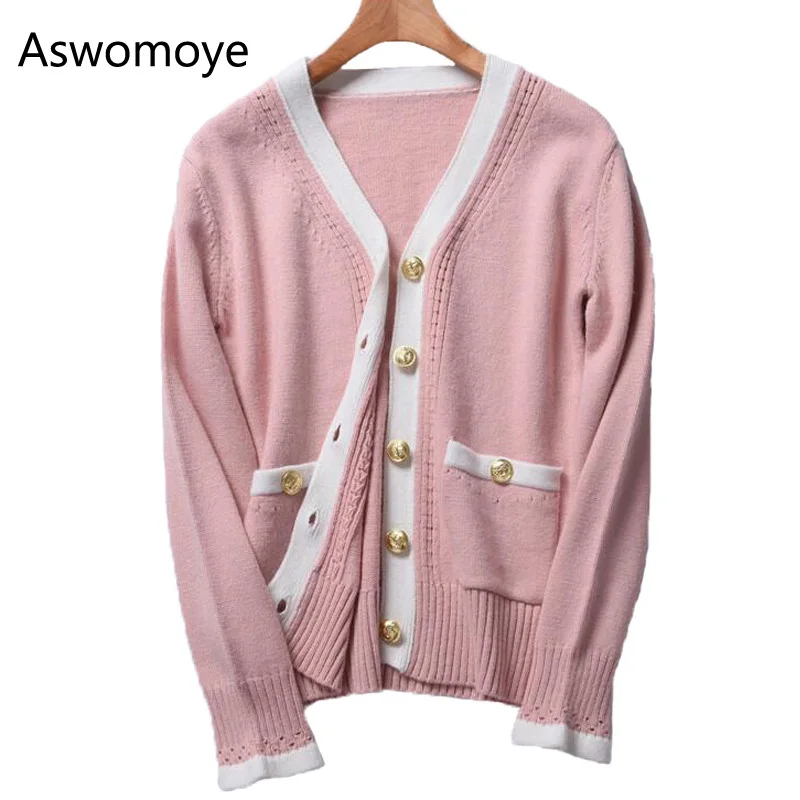 

2018 New Cashmere Sweater Fashion V Neck Sweater Cardigans Full Sleeve Slim Female Coat Single Breast with Pockets