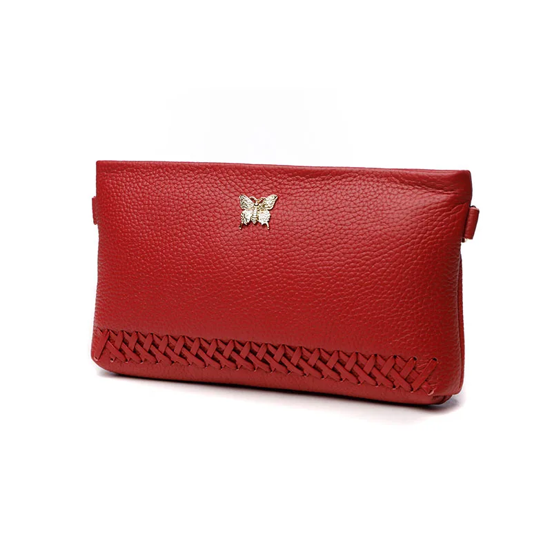 Модная женская Банкетная Сумка-клатч из натуральной кожи с бабочкой, кошелек на плечо, сумка-конверт для телефона, сумочка с ремешком на руку на молнии, красная сумочка - Цвет: Красный