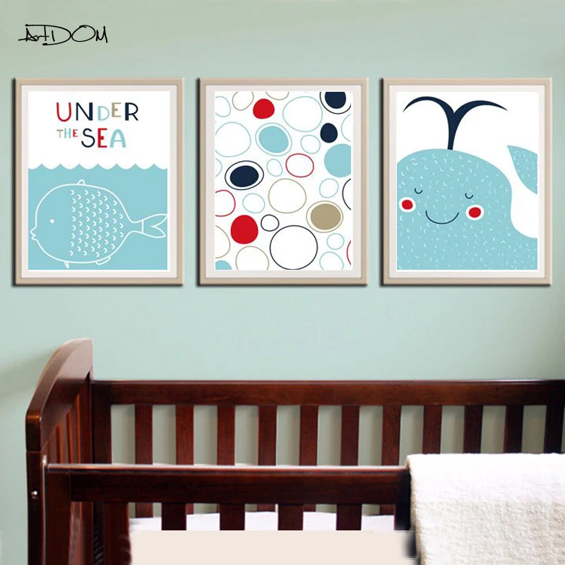 

Artdom No Frame Cartoon Blue Fish Whale Canvas Painting Art Print Poster Wall Pictures For Child Room Home Decoration