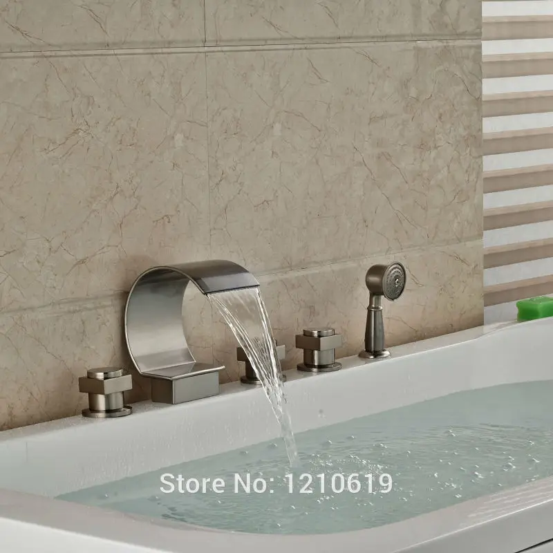 

Newly Waterfall Bathtub Faucet Set w/ Hand Shower Deck-mount Nickel Brushed Shower Tub Mixer Tap