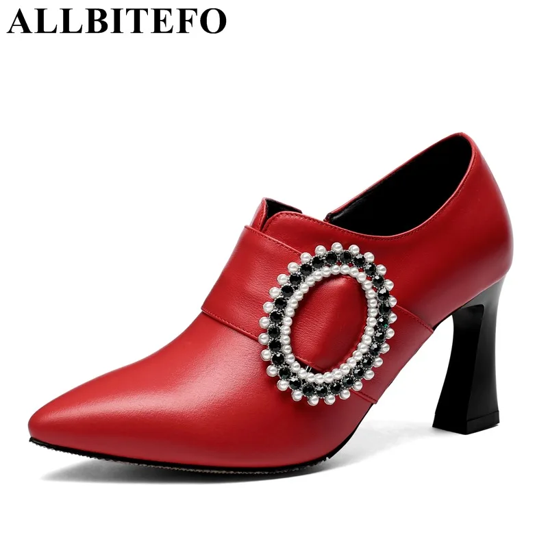

ALLBITEFO 2019 new fashion rhinestone string beading genuine leather women heels shoes sexy girls high heel shoes women pumps