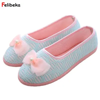 

Blue/Pink Catoon Bow flat shoes at home Cotton slippers for Ladies Spring /autumn/Summer shoe for women