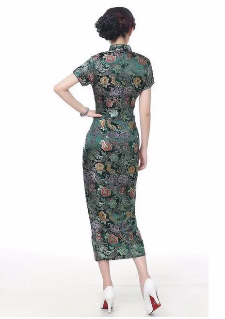 Винтаж зеленый китайский Для женщин традиционные атласное платье Cheongsam Qipao Топы корректирующие халат De Soiree цветок Размеры размеры S M L XL XXL, XXXL C0004