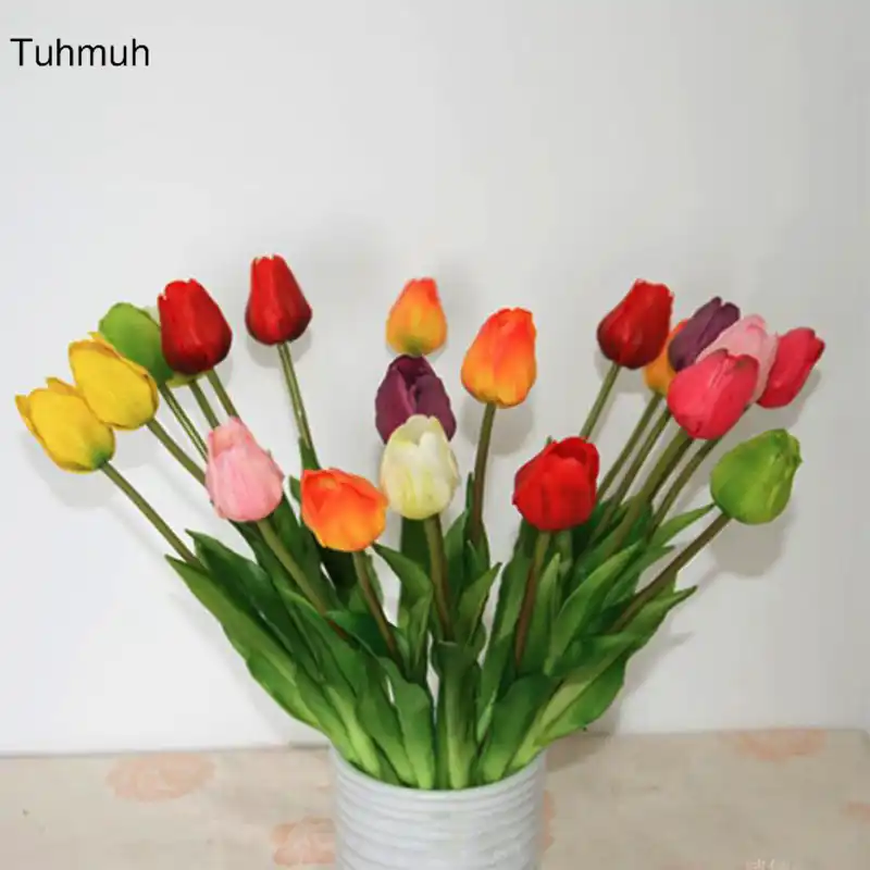 10pcs Real Touch Latex Artificial Tulip Flowers With Leaves Fake Latex Artificial Tulip Flowers
