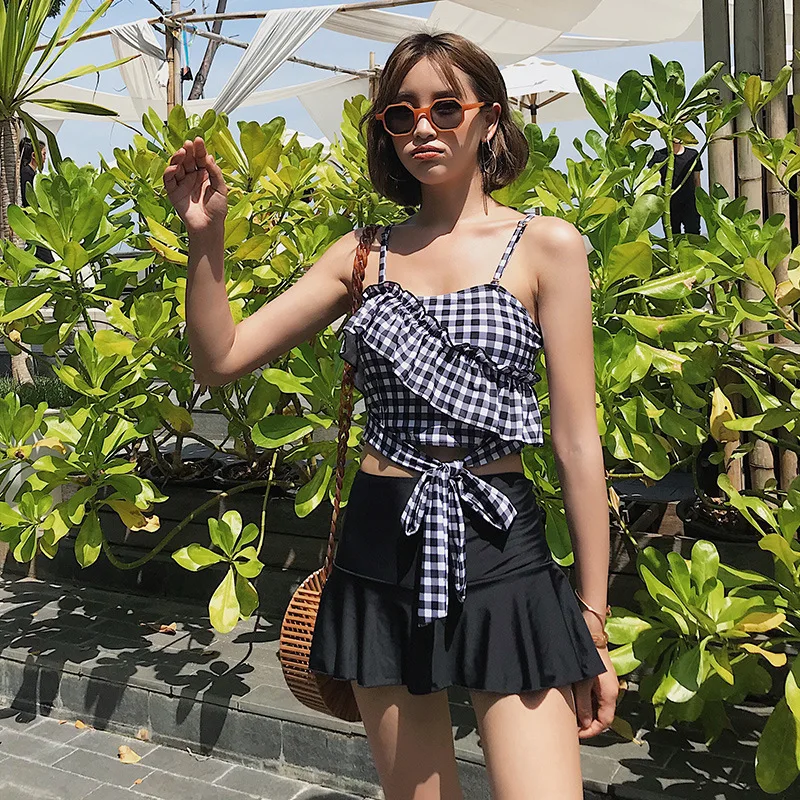 

Swim Wear Women 2019 Women's Swimsuit Plus Size Bathing Suits Girl Woman Korean Checker Lady Splitd Underwire Bracket Skirt