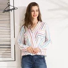 Gracegirl 2017 Summer Women Tops Series Autumn Fashion Colorful Striped Chiffon Cross V Neck Pocket Blouse Shirt Women kw172010