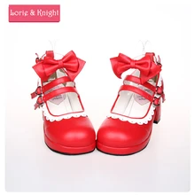 Lolita Maid Cosplay Shoes Red Leather Buckle Straps Princess Sweet Girls Pumps with White Lace and Bow