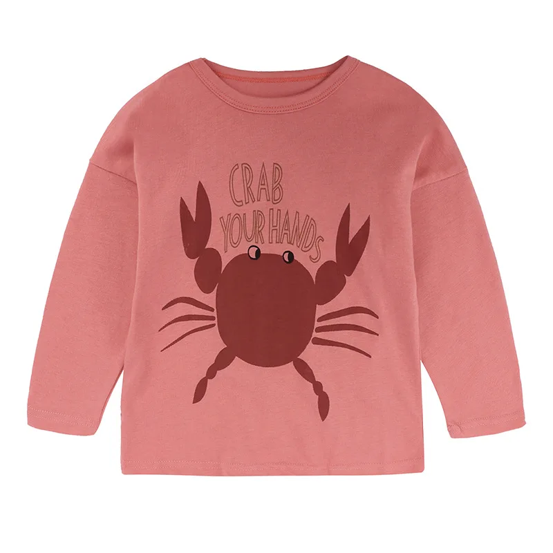 Топ, футболка для мальчиков с принтом животных, Детская футболка для мальчиков Осенняя детская футболка хлопковые топы с длинными рукавами для девочек, футболка с рисунком для малышей - Цвет: Pink crab 98