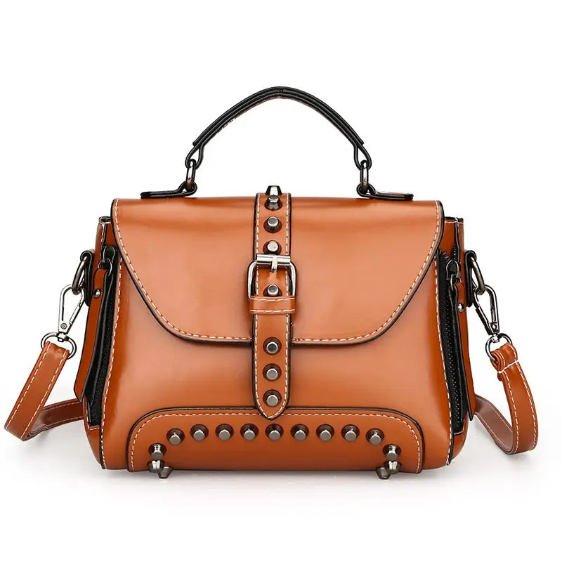 Винтажные кожаные сумки, женские сумки известного бренда с заклепками, маленькие сумки через плечо, сумки через плечо для женщин, сумки-мессенджеры L39 - Цвет: Коричневый