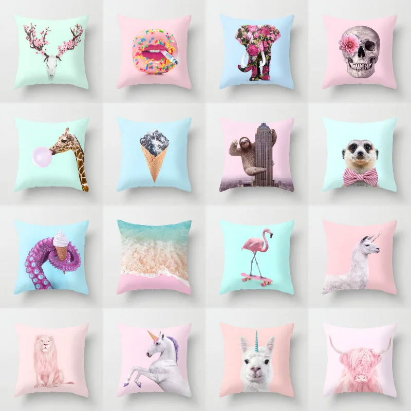 

Elife Polyester Cotton Deer Cushion Cover Cartoon Animal Flamingo Square Skull Pillow Case Cover For Sofa Car Home Decor 45*45CM