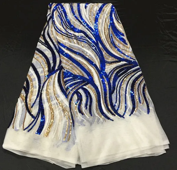 

New coming white net lace fabric with royal blue +white sequins for sexy clothing fashion net lace FN11-5