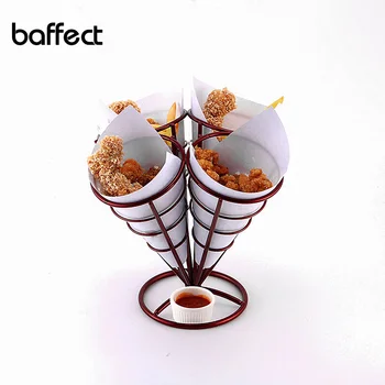

4in1 French Fry Stand Cone Basket Holder Black Iron Rack Ice Cream Shape Food Shelves Bowl Kitchen Potato Fries Chips Appetizers