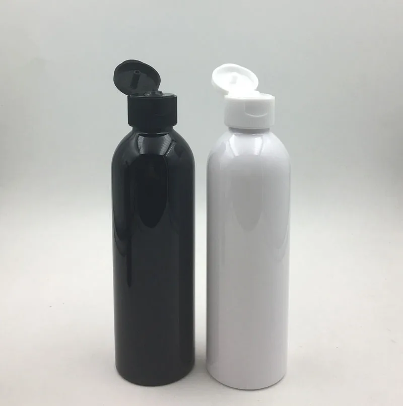 (50pcs/lot) 200ml empty black Flip top cap refillable bottle White plastic PET bottlein
