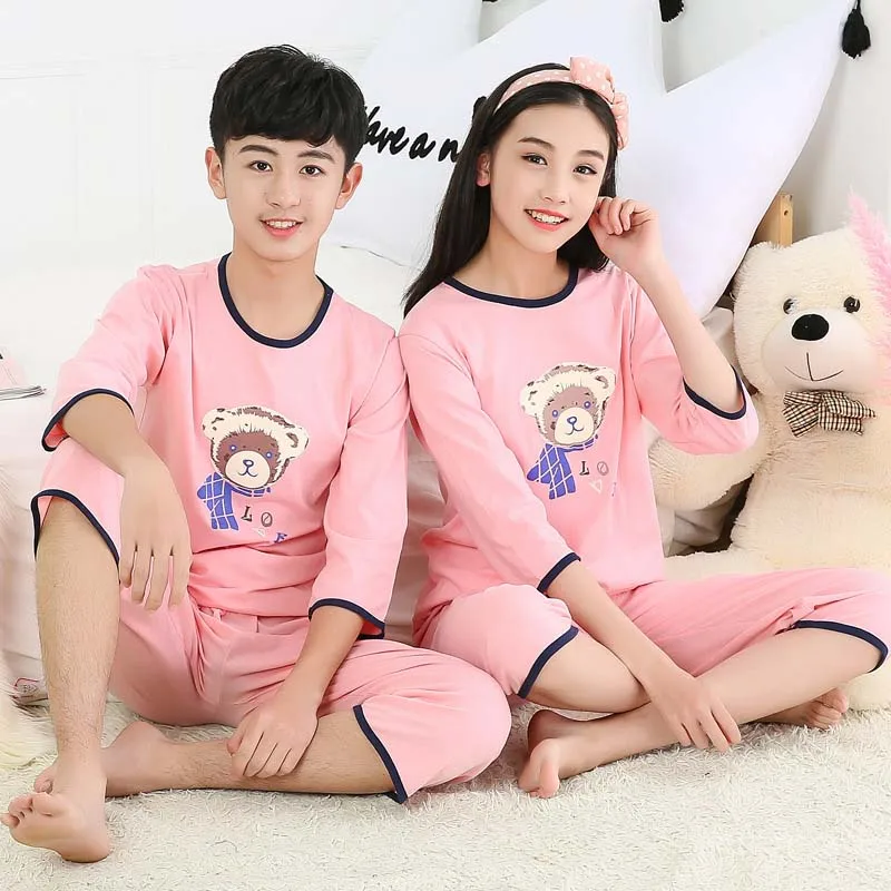 Хлопковые пижамы для мальчиков и девочек летние шорты рукав Детские пижамы одежда для подростков, девочек одежда для мальчиков 10 лет комплект, Детская Пижама - Цвет: Pink scarf bear